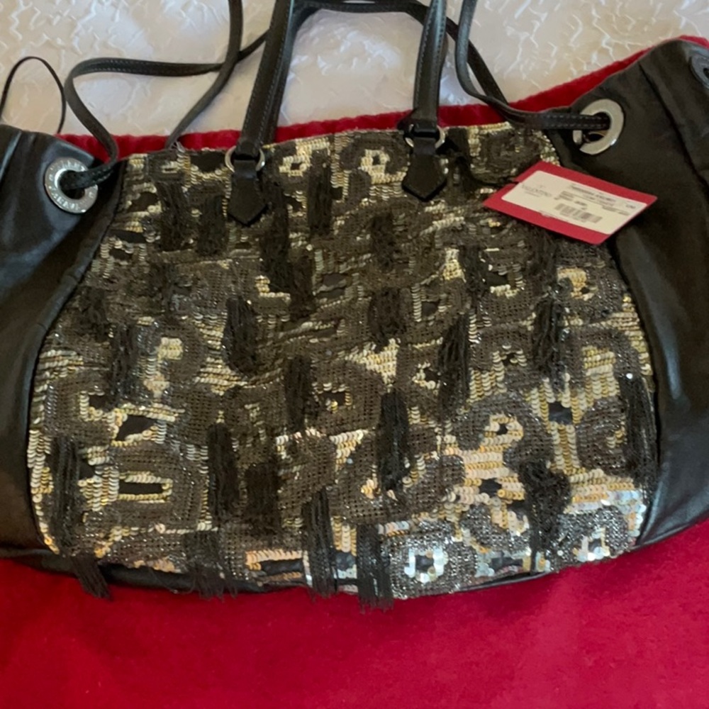 NWT VALENTINO GARAVANI black tote leather sequin glam chain rock bag purse RARE